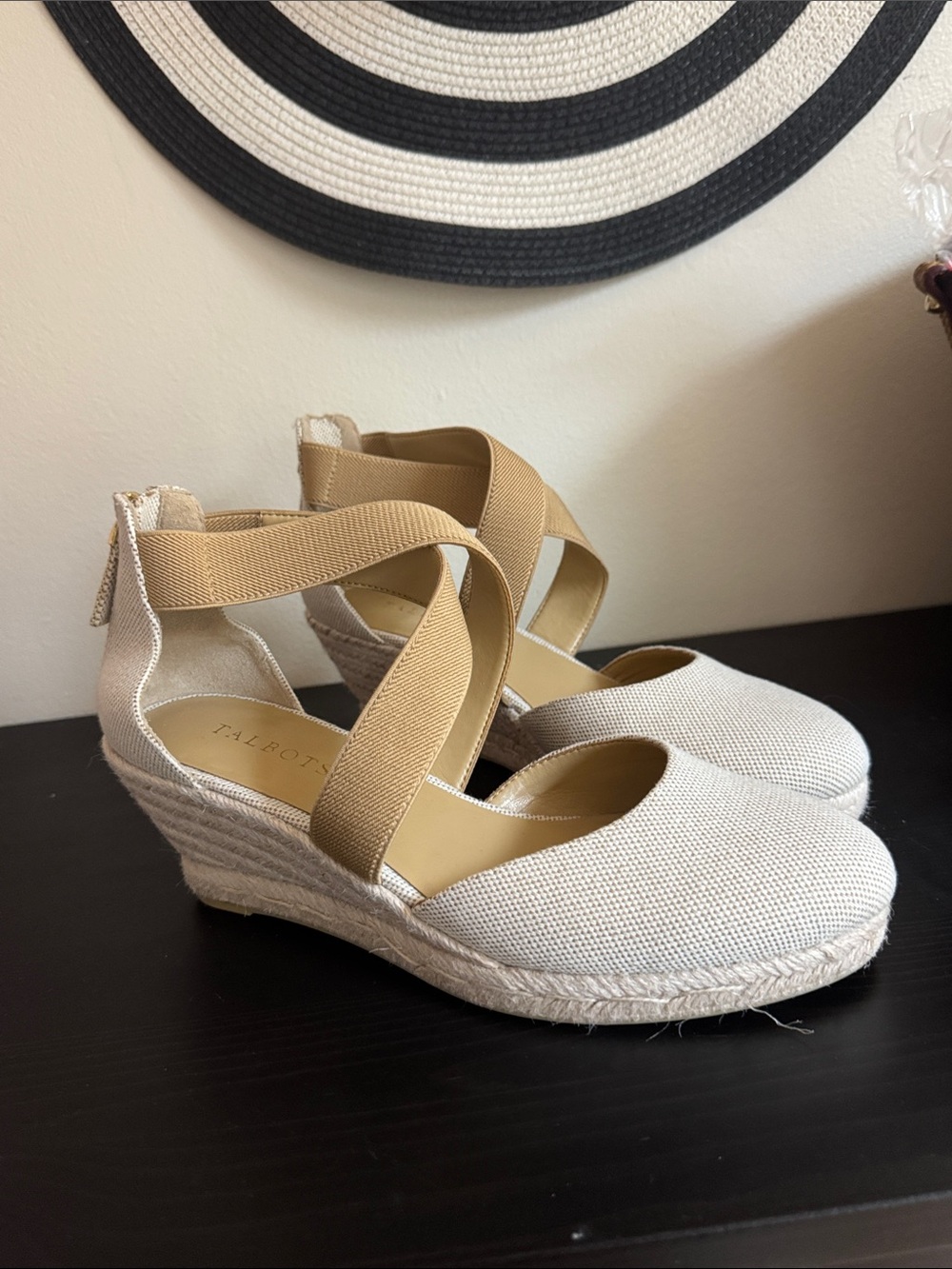 Talbots Lyndsay Dorsay Espadrille Wedge Sandals featuring beige crisscross strap